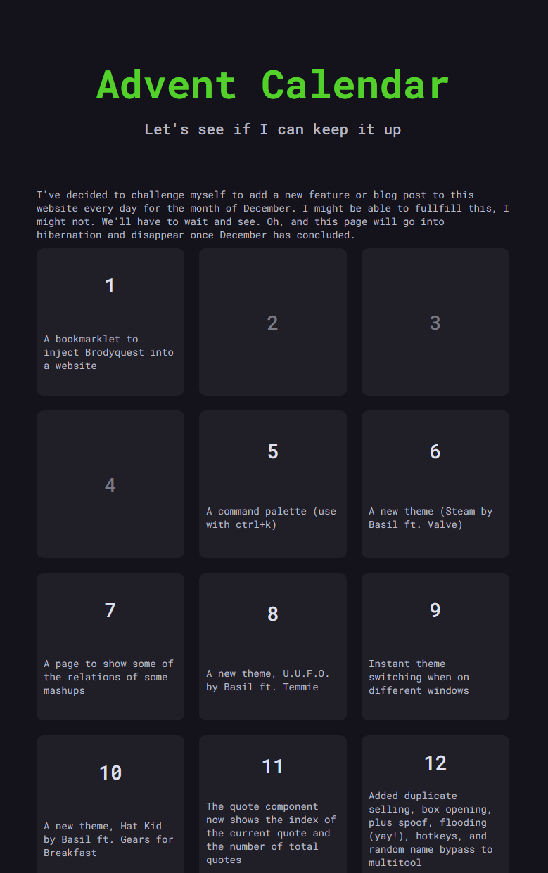 Screenshot of Advent Calendar page